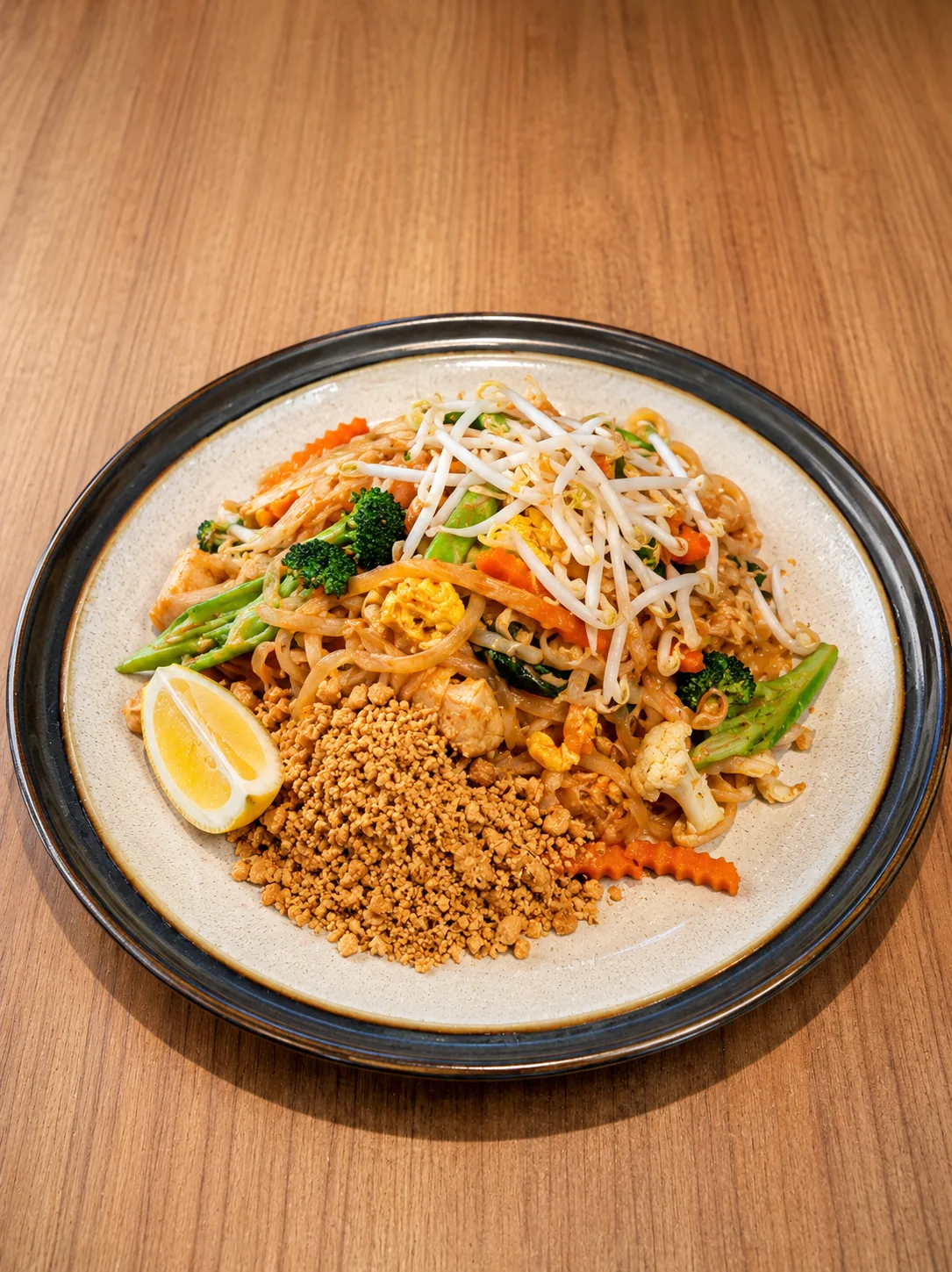 Pad Thai with vegetables, peanuts and lemon